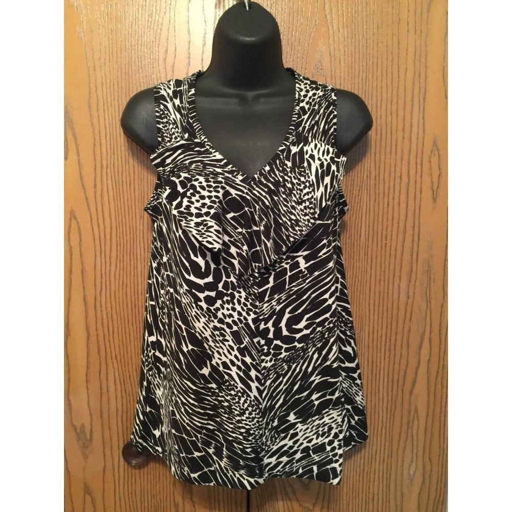 Rafaella Top Women Size S Sleeveless Black White Semi Sheer Blouse V Neck Ruffle